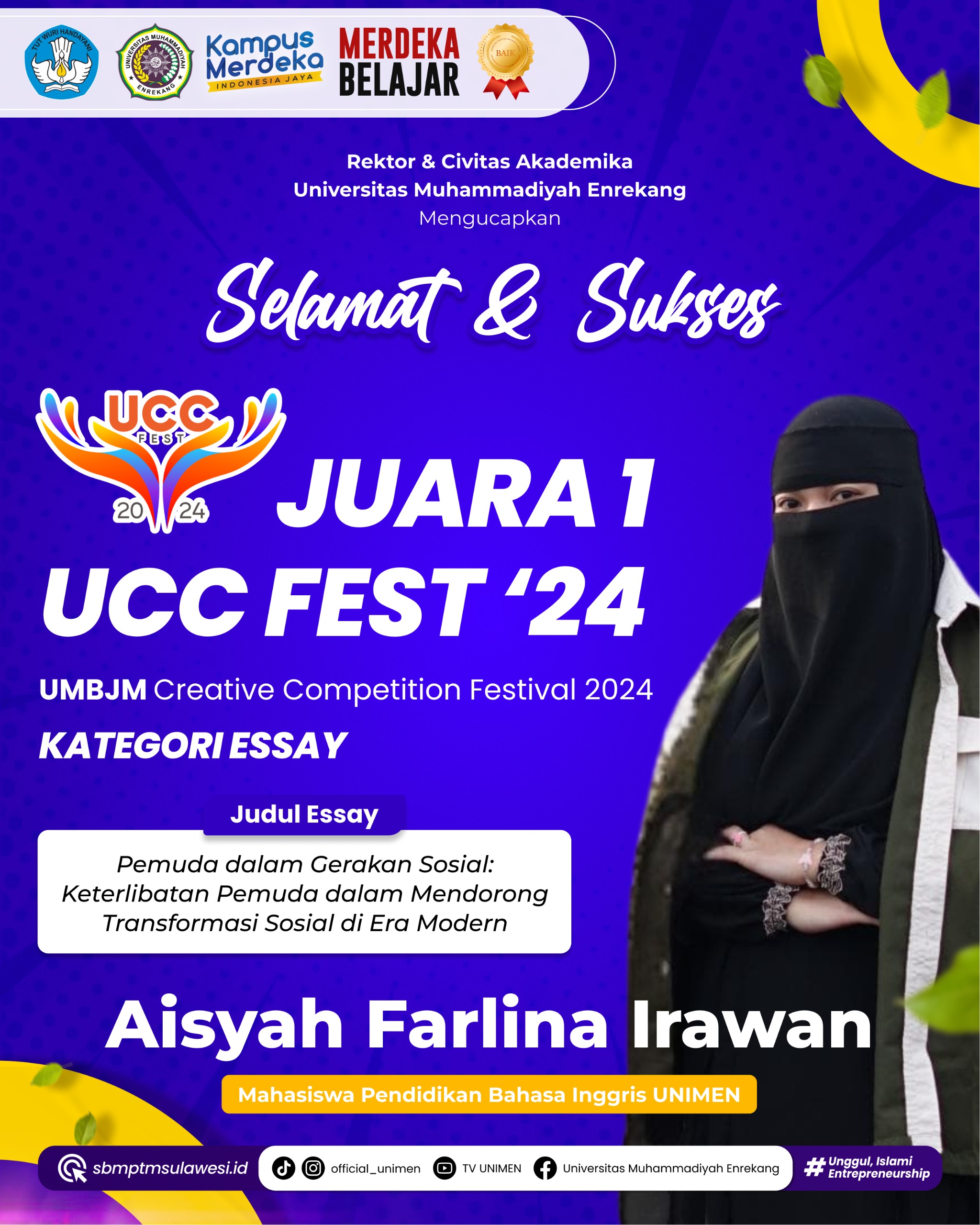 Harumkan Nama UNIMEN, Aisyah Farlina Irawan Juara I Lomba Essay UCC FEST 2024